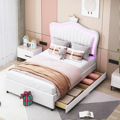 Produktbild von Kinderbett Polsterbett, mit Stauraumschubladen, LED-Leuchten, Lattenrost und Rückenlehne 90 x 200 cm