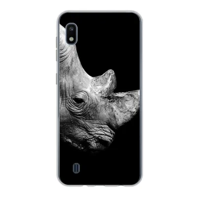 Produktbild von MuchoWow® Handyhülle Schutzhülle Hülle für Samsung Galaxy A10 Portrait Nashorn auf schwarzem Hintergrund Silikon Softcase Handy Hülle - Schutzhülle