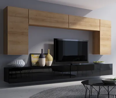 Produktbild von Moderne Wohnwand CALABRINI-13 Wohnzimmer-Set Hängewohnwand Schrankwand Hochglanz TV-Schrank Anbauwand (Goldene Eiche / Schwarz)