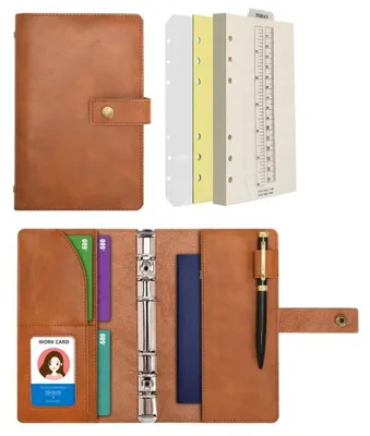 Image de Cahier en cuir A6, rechargeable, avec spirale de 6 anneaux, papier ligné, classeur, couleur marron