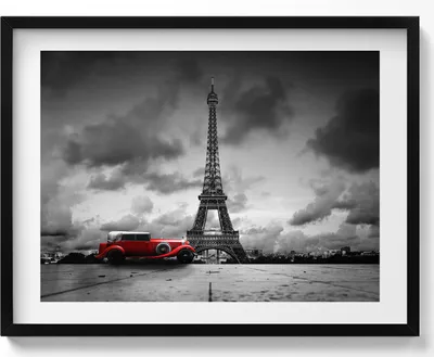 Produktbild von Eiffelturm und rotes Auto– Wandbild mit Rahmen – Gerahmtes Bild  – Wanddekoration – 80x60 cm –  Schwarz Rahmen