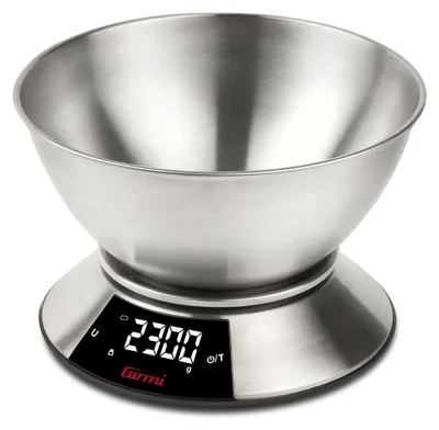 Zdjęcie produktu dla Waga kuchenna Girmi PS86, miska o pojemności 2 litry, obudowa i miska ze stali nierdzewnej, duży wyświetlacz (58 x 30 mm), zakres pomiarowy 1 g/5 kg, funkcja tarowania