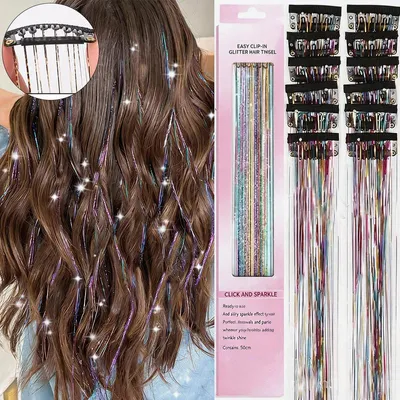 Produktbild von 12 Stück Hair Tinsel Extensions Clip In, ideal für Mädchen, Festivals, Partys, Cosplay & Haarstyling