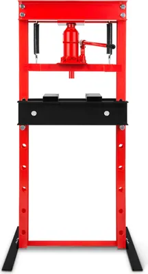 A red hydraulic press with a black base and ram is shown against a white background.