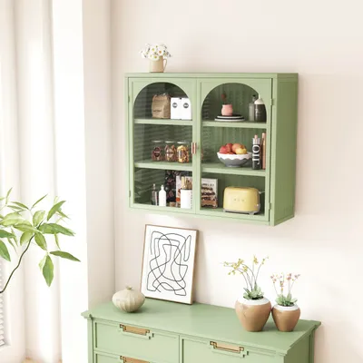 Image de MODFU Armoire Murale 2 Portes en Verre et Métal - Meuble de Rangement Suspendu pour Salle de Bain ou Salon - 70×23×60 cm - Vert