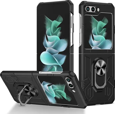 Image de Étui pour Samsung Galaxy Z Flip 5, étui en PC durci, antichoc avec support d'anneau et support noir
