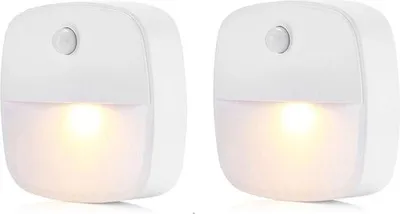 Image de Deux interrupteurs de nuit à LED fonctionnant sur piles (piles non fournies), lumière blanc chaud, détecteur de mouvement et capteur de luminosité, adaptés aux escaliers, aux chambres et aux couloirs.