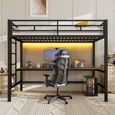 Zdjęcie produktu dla Łóżko loftowe Sweiko 90x200 cm, stolik z USB i gniazdkiem, oświetlenie otoczenia, bez materaca, metal, czarny