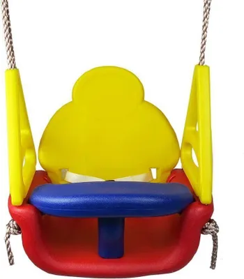 A baby swing seat with a yellow backrest, blue seat, and red base, suspended by ropes.