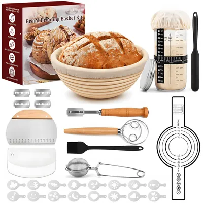 Zdjęcie produktu dla Kosz do pieczenia chleba 23 cm, okrągły koszyk rozrostowy, z akcesoriami, do pieczenia w domu