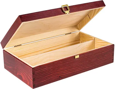 An open wooden box with a red-brown finish and a light wood interior, designed to hold two bottles.
