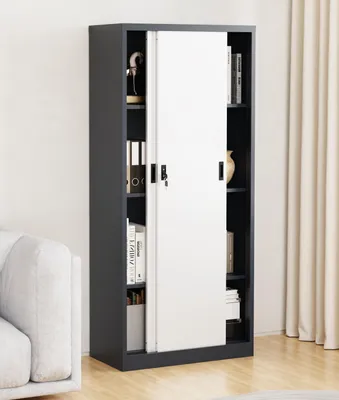 Produktbild von VCM Metall Büroschrank H. 180 x B. 80 x T. 40 cm / Aktenschrank Büromöbel für Ordner / Stahlschrank abschließbar / Schiebetürenschrank Malivo 4 fach mit Schiebetüren