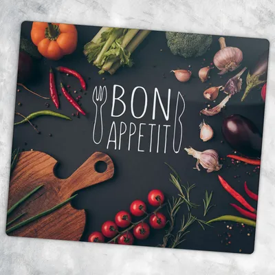 Produktbild von Glas-Herdabdeckplatten Glaskeramikkochfeld-Abdeckung Spritzschutz Glas 60 cm x 52 cm - Bon Appetit Inschrift Gemüse