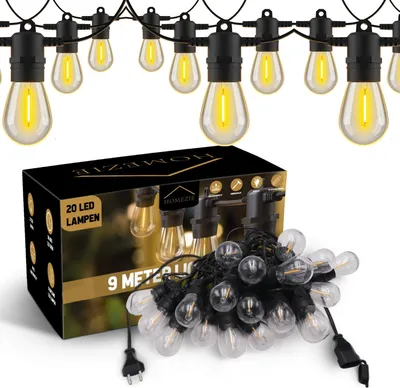 Produktbild von Homezie Light String | 9 Meter mit 20 Kunststoff S14 LED Glühbirnen | IP65 Wasserdicht | Warmweiß | Verkettbar & Dimmbar | Gartenbeleuchtung