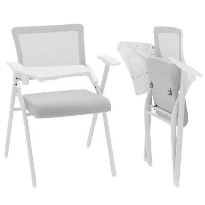 Produktbild von 1x Klappstuhl Konferenzstuhl mit Schreibtafel,Ergonomischer Netz-Bürostuhl für Erwachsene,Armlehne Klappstuhl für Büro,Training, Meetings Grau+Weiß