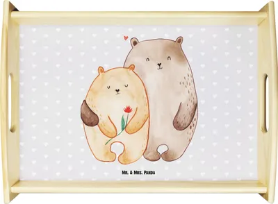 Produktbild von Mr. & Mrs. Panda Serviertablett Bären Liebe - Grau Pastell - Geschenk, Bär, Holztablett, Servier Tablett, aus holz, Verknallt, Freundin, Deko, Blume, Kuscheln
