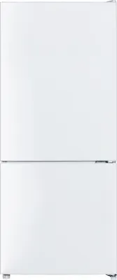 A front view of a white refrigerator with a freezer compartment.