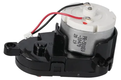 A close-up studio shot of a robot vacuum cleaner side brush motor assembly.