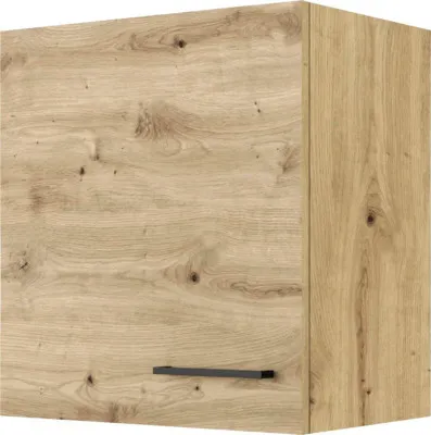 A single wall cabinet with a wood grain finish and a black handle.