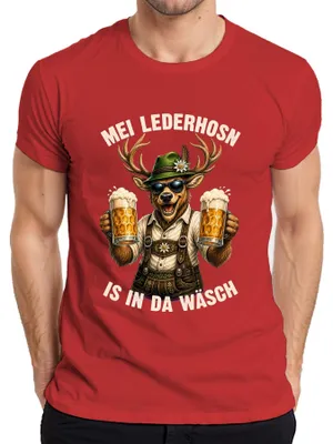 Productafbeelding van Mei Lederhosn, lederen broek, dames jurk, heren T-shirt, rood, maat L