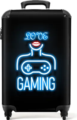 Obrázek produktu pro NoBoringSuitcases.com® Kufr Příruční zavazadlo na kolečkách Malý cestovní kufr na kolečkách - Neon - Text - Play Love - Modrý - Dámský - Příruční velikost < 55x40x23 cm a 55x40x20 cm - Fotokufr - Příruční kufr - Palubní zavazadloPříruční kufr 55x35x20 cm, 36L,