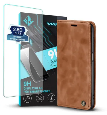 Produktbild von Handy Hülle für Samsung Galaxy A13 mit 9H Displayglas Klapphülle Bookcase Flip Cover Handy Tasche Etui Farbe: Hellbraun