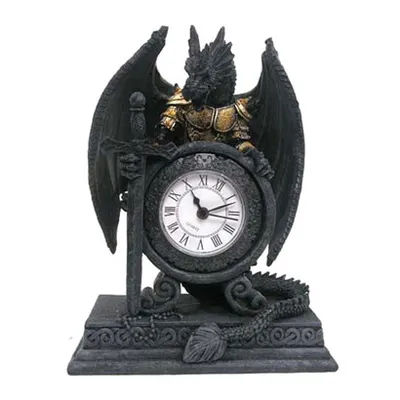 Produktbild von Detailreiche Dekorative Uhr mit Drachenmotiv in Rüstung, 20 cm Höhe, aus Resin und Glas