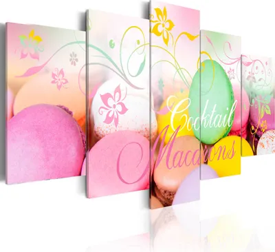 Image de Tableaux muraux, thème : gourmandises. Macarons, cocktails. Dimensions : 100x50 cm. Ensemble de 5 pièces. Décoration murale pour chambre, impressions sur toile, tableaux pour salon, impressions sur toile. Référence : j-A-0049-b-n