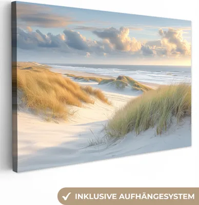 Produktbild von MuchoWow® - Leinwandbilder - Strand - Dünen - Borstgrasrasen - Wattenmeer, Wandbild, Wanddeko Bilder Wohnzimmer, 90x60cm