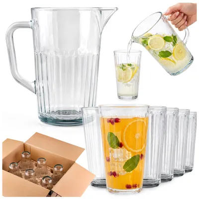 Produktbild von SuperButelki.pl – ARVID 1-Liter-Glaskrug-Set, 6 Gläser, 360 ml, für Wasser, Softdrinks und Saft, dickes, geriffeltes Glas, mit Henkel, praktisch