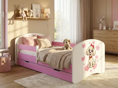 Produktbild von Happy Babies Kinderbett - mit Rausfallschutz Junge 140x70 Mädchen, Bett für Kinderzimmer mit Schublade & Matratze Einzelbett für Kinder Kinder Hundemotiv, süße Bilder (Rose) (Nr 4)