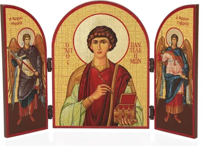 Image de Icône en bois représentant le triptyque de saint Pantaleon, 25 x 16 cm, thème chrétien, 11319