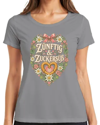 Immagine prodotto di Zünftig & Zuckersüß: Abito tradizionale bavarese per l'Oktoberfest, modello "Dirndl", in pelle, per donne, maglietta, colore grigio, taglia M