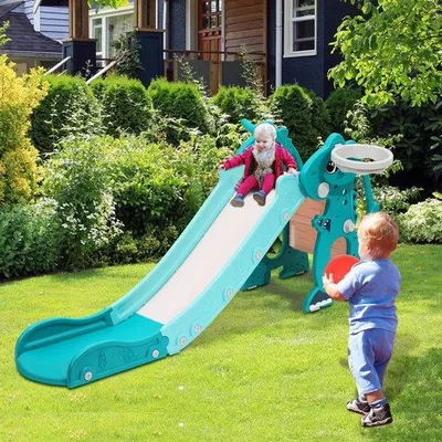 Immagine prodotto di Torre scivolo per bambini con canestro da basket - Struttura ludica multifunzionale per interni ed esterni - Per bambini da 1 a 6 anni, verde
