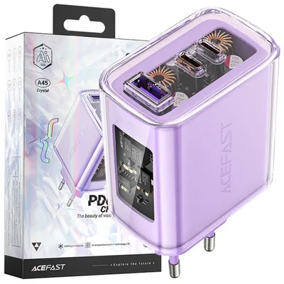Produktbild von Acefast Ladegerät Gan 65W 3 Ports (1Xusb, 2Xusb C) Lila (A45)