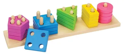 Produktbild von goki 58927 Farben- und Formensortierspiel aus Holz, 21 Teile (20 Formen, 1 Ständer), 34,8 × 7 × 7,1 cm – pädagogisches Steckspiel ab 2 Jahren