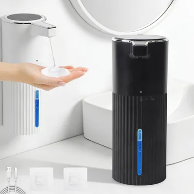 Productafbeelding van Automatische, contactloze zeepdispenser (400 ml), elektrische zeepdispenser met sensor, oplaadbaar via USB, schuimzeepdispenser, waterdicht (IPX5), geen boren nodig, geschikt voor badkamer, keuken, kantoor, zeepdispenser – zwart