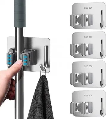 Image de Support pour balais, 4 pièces, autocollant, gris, pour la cuisine et le jardin
