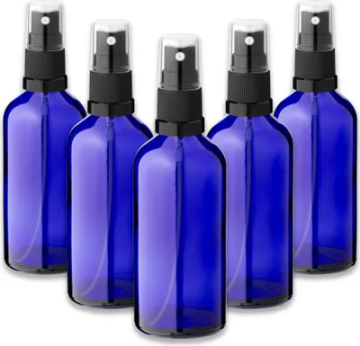Produktbild von 5x Blaue Glasflasche 100 ml mit schwarzem Zerstäuber Sprükopf 18/415