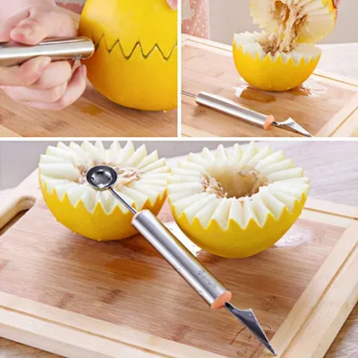 Produktbild von Multifunktionales 2 in 1 Melonenkugelschaber Löffel Set mit Obst-Schnitzmesser für Salate und Desserts