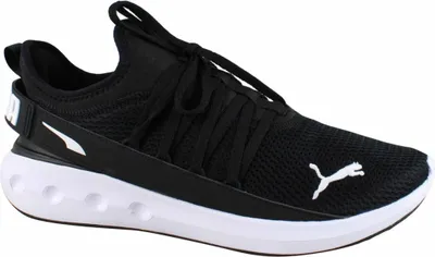 A studio shot of a single black Puma sneaker against a white background.