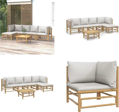 Produktbild von vidaXL 6 tlg. Garten Lounge Set mit Hellgrauen Kissen Bambus - Garten Lounge Set - Garten Lounge Sets - Lounge Set - Gartenmöbel Set