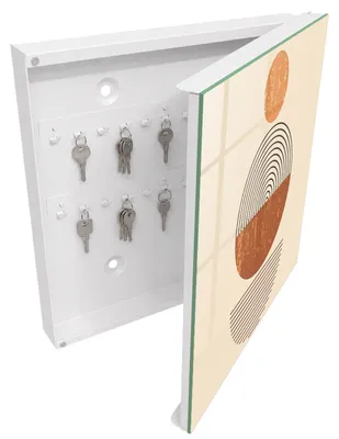Produktbild von Weißer Schlüsselschrank aus Metall 30 x 30 cm - Schlüsselbox zur Wandmontage mit Tür - rechts öffnender Schlüsselkasten - praktische Schlüsselaufbewahrung für Zuhause - Retro-Geometrie, KI-generiertes Bild