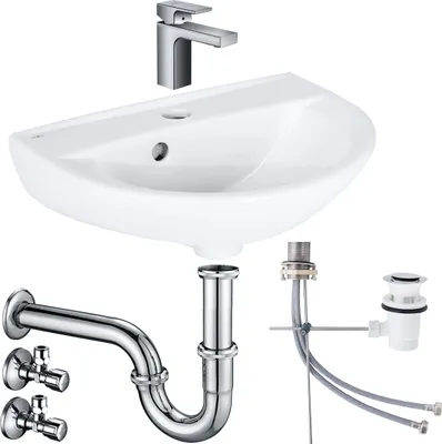Produktbild von Waschbecken Komplettset Rosmarin 45 cm mit Hansgrohe Armatur Ablaufgarnitur und Siphon Schell Eckventil