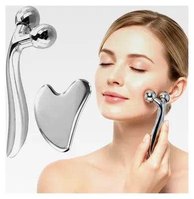 Produktbild von Edelstahl Gua Sha und Gesichtsroller, 3D-Gesichtsmassagegerät, 2 in 1 Massage-Set für Gesichts- und Körperpflege, 3D Gesichtsroller zur Faltenreduzierung und Muskelentspannung