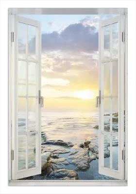 Produktbild von Wallario Wandbild mit Fenster-Illusion: Sonnenuntergang über dem Meer, Größe: 61 x 91,5 cm, Poster mit rahmenlosen Bildhalter