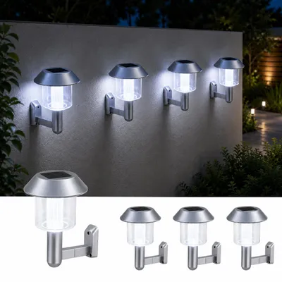 Produktbild von 4er Set Solar-Wandleuchten LED Außen Silber – mit Akku & Ein-/Aus-Schalter – für Garten, Terrasse, Zaun, Mauer & Eingang – 13,5 x 12 cm, KI-generiertes Bild