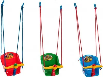Three colorful children's swings are displayed against a white background.