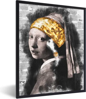 Produktbild von MuchoWow® Gerahmtes Poster Das Mädchen mit dem Perlenohrring - Vermeer - Collage 60x80 cm - Poster mit Schwarzem Bilderrahmen Wandposter Rahmen Foto Bilder - Premium - Wanddeko Wohnzimmer