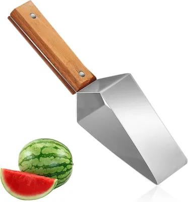 Produktbild von Melonenschneider aus Edelstahl mit Holzgriff, tragbarer Obstschneider für gleichmäßige Stücke